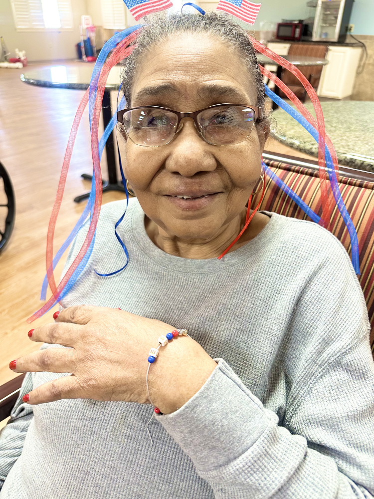 female patient dressed for the 4th of July